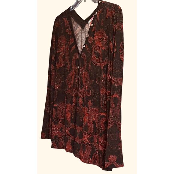 JOHNNY WAS LONG SLV, V-NECK, PULL-OVER BLOUSE, WOMENS, XL, BLACK & REDISH-ORANGE - Picture 6 of 9